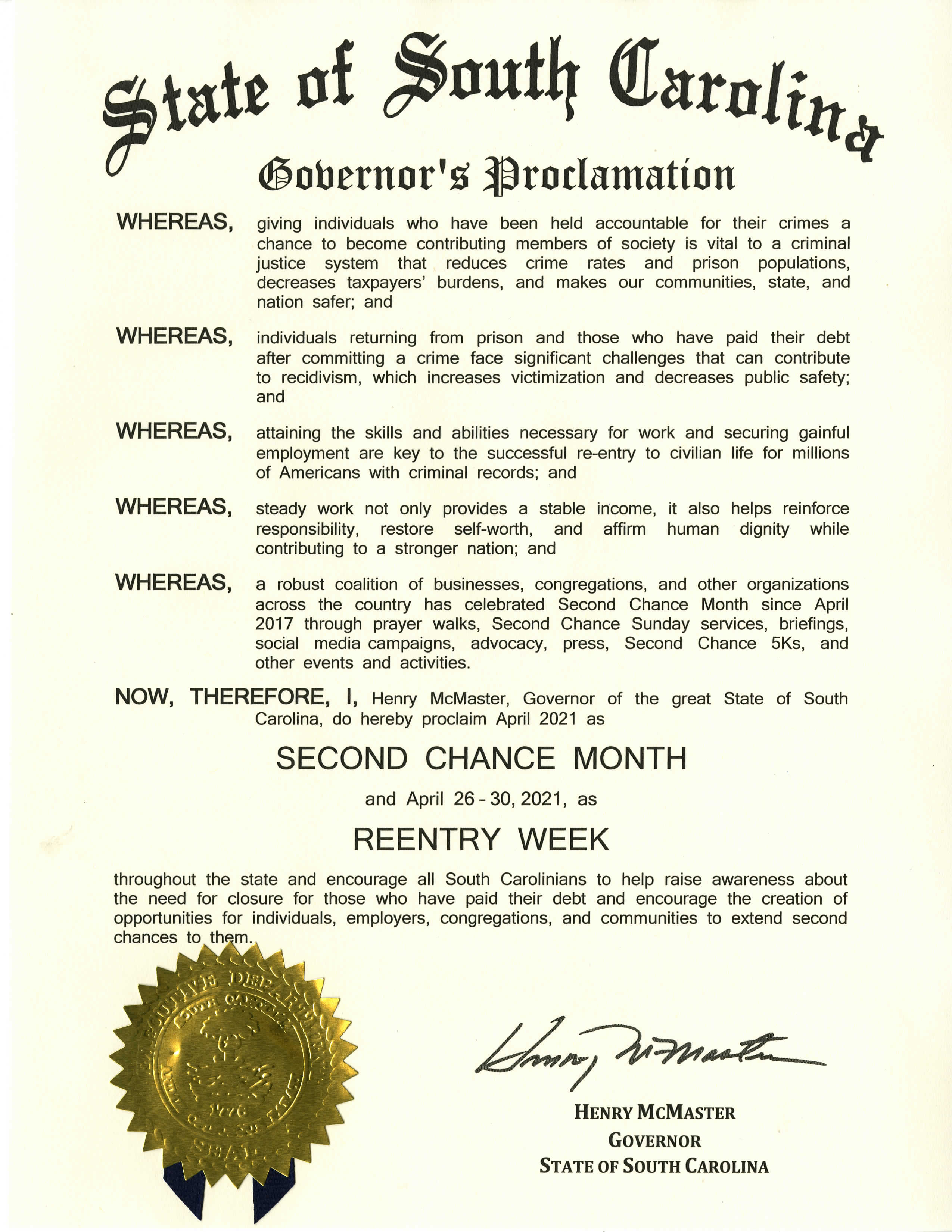Proclamation for Second Chance Month