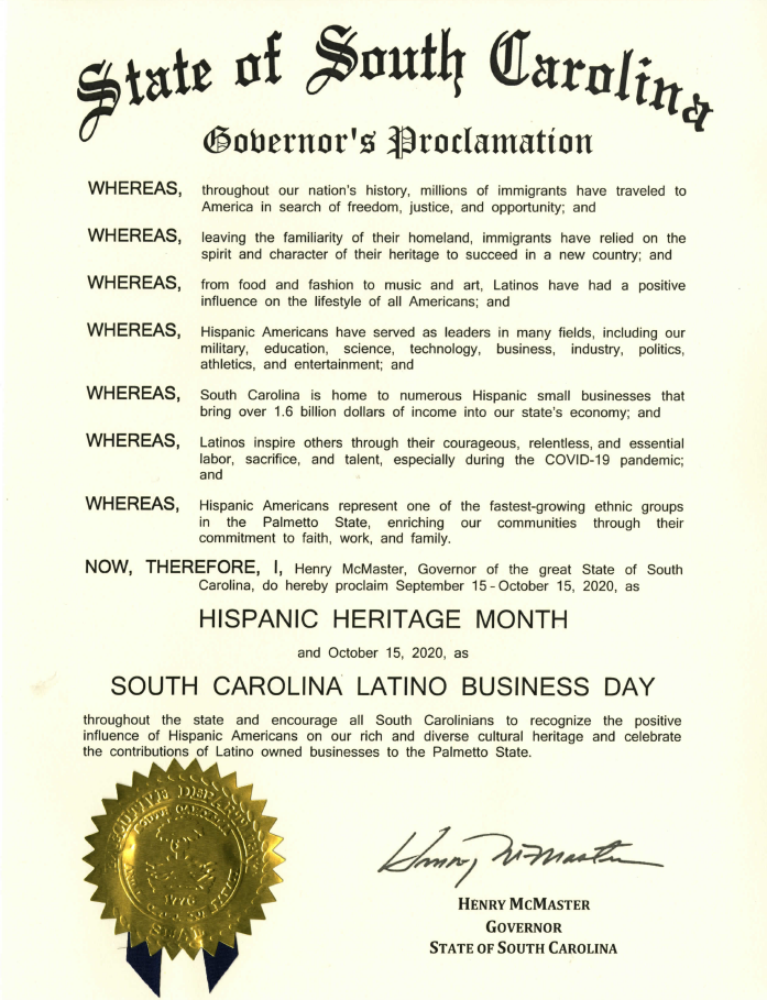 Picture of the 2020 State of South Carolina Hispanic Heritage Month Proclamation
