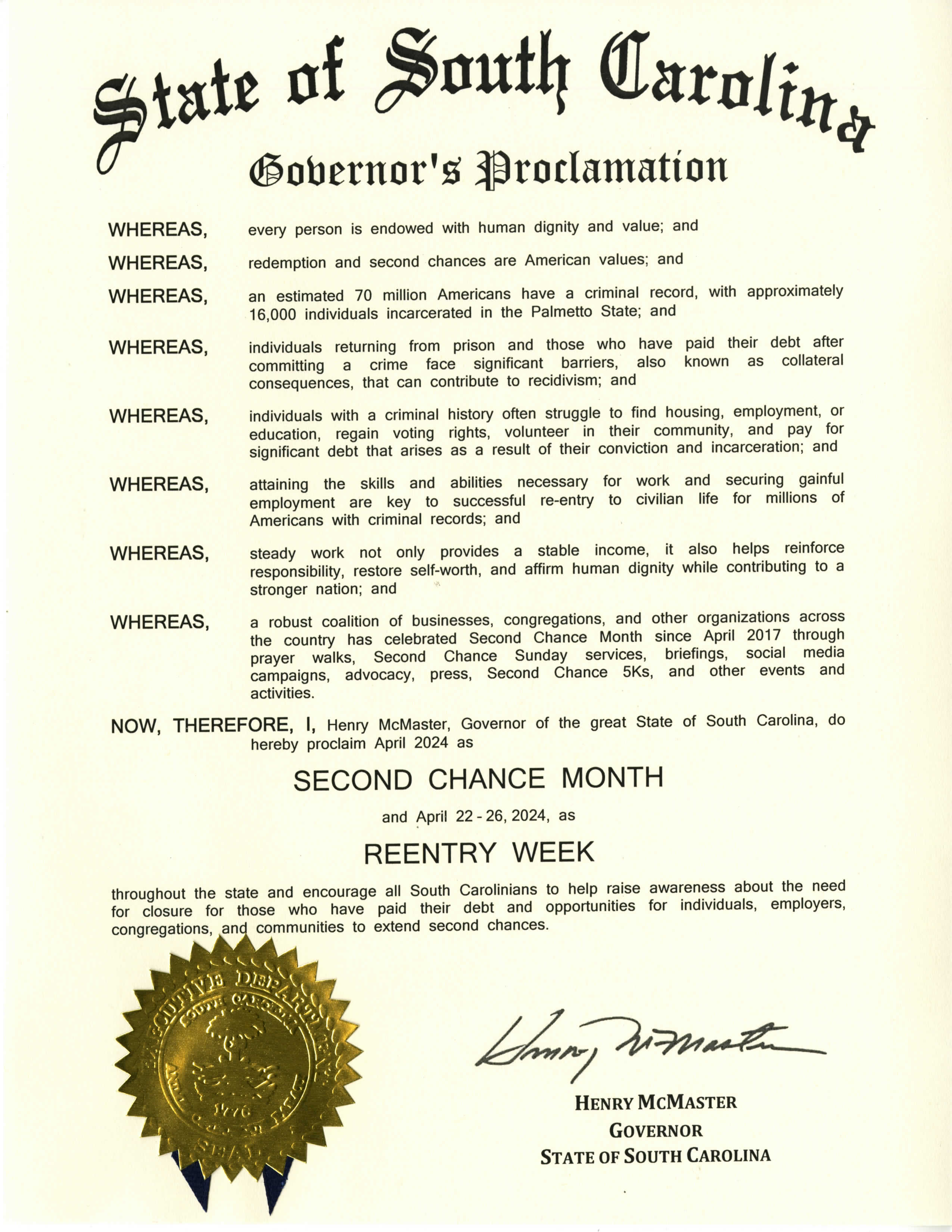 Text of Second Chance Month proclamation