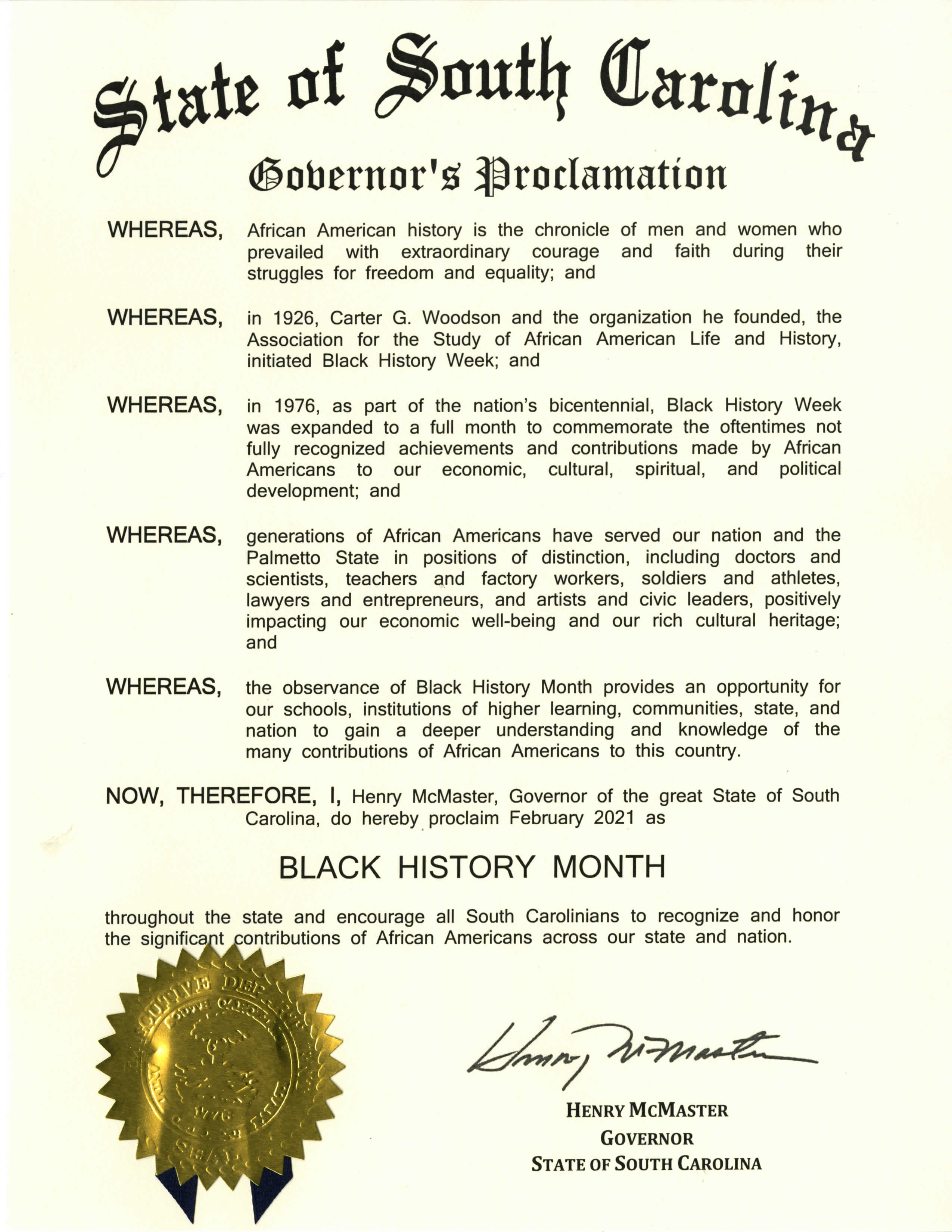 2021 Governor's Proclamation for Black History Month