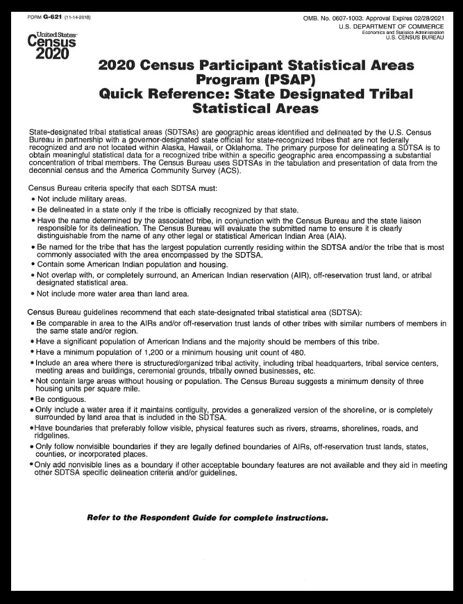 2020 Census Participant Statistical Areas Program (PSAP) Quick Reference: State Designated Tribal Statistical Areas